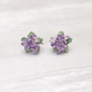 Vintage Coalbrook England Screw On Earrings Porcelain Purple Flowers